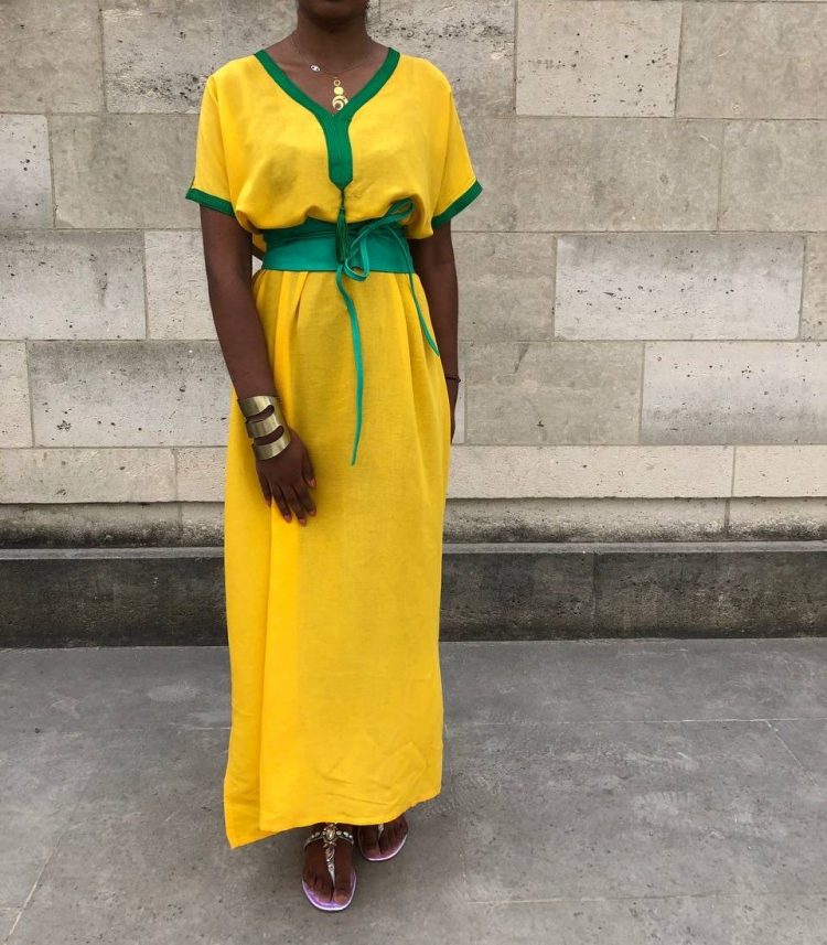 djellaba moderne jaune verte a 1 pompon