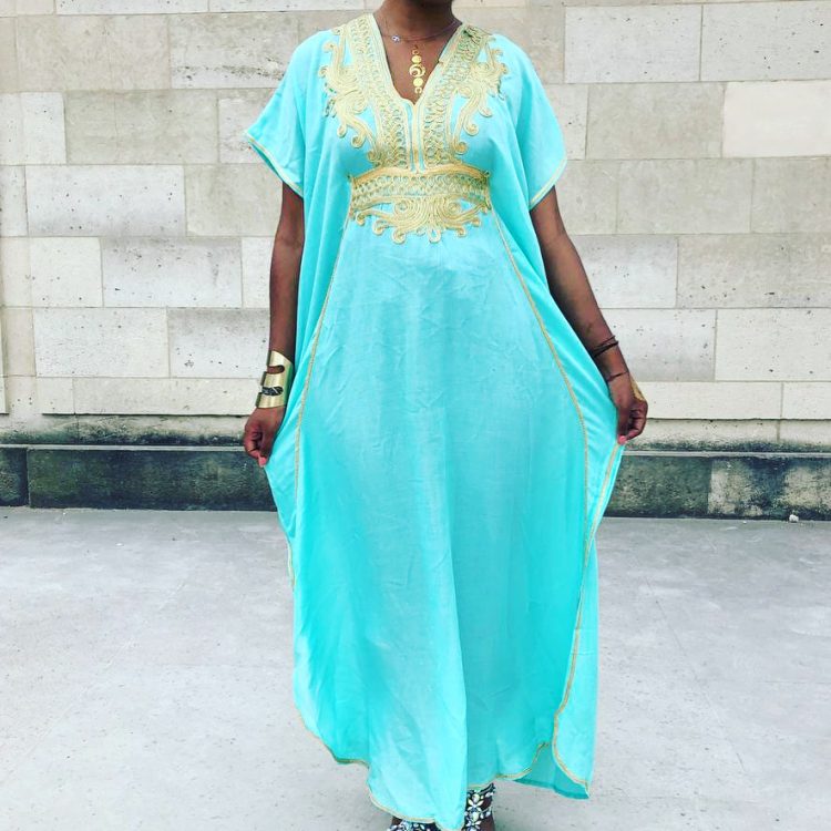 DJELLABA Gandoura Brodée Turquoise Or TUNISIENNE