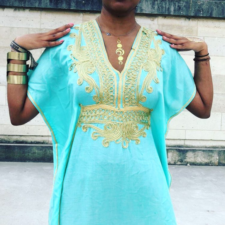 DJELLABA Gandoura Brodée Turquoise Or TUNISIENNE – Image 3