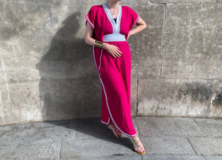 DJELLABA Gandoura Plastron Rose Fushia Argent MARRAKECH