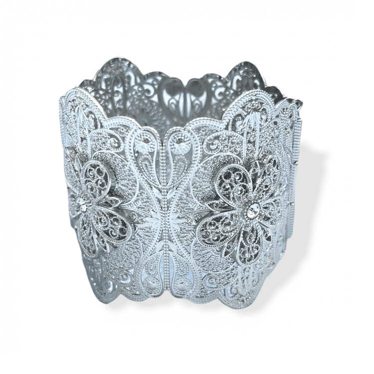 Bracelet Manchette large Bollywood Argent à fleur