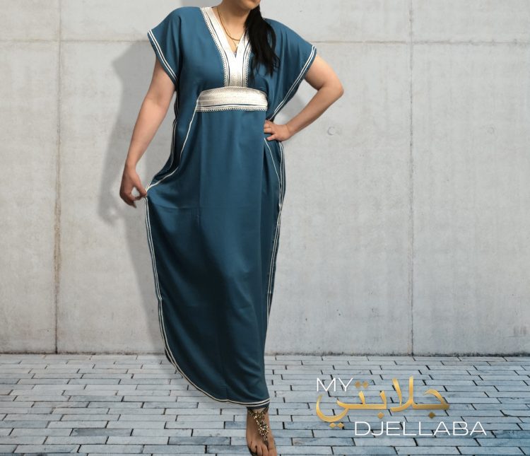 DJELLABA Gandoura Plastron Bleu pétrole Argent MARRAKECH