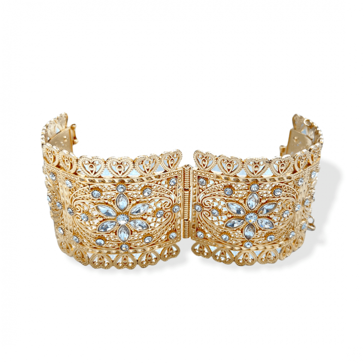 Bracelet Manchette large Bollywood Doré à strass cœur – Image 2