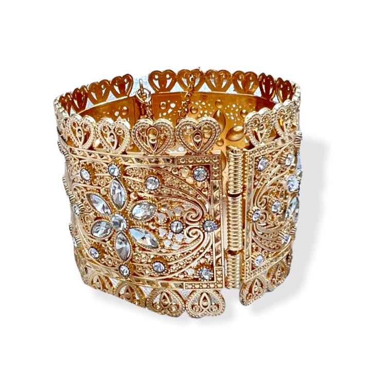 Bracelet Manchette large Bollywood Doré à strass cœur