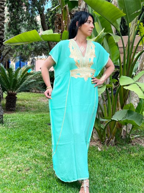 DJELLABA Gandoura Brodée Or Pistache TUNISIENNE