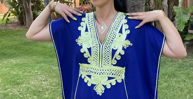 DJELLABA Gandoura Brodée Bleu Vert Neon – Image 2