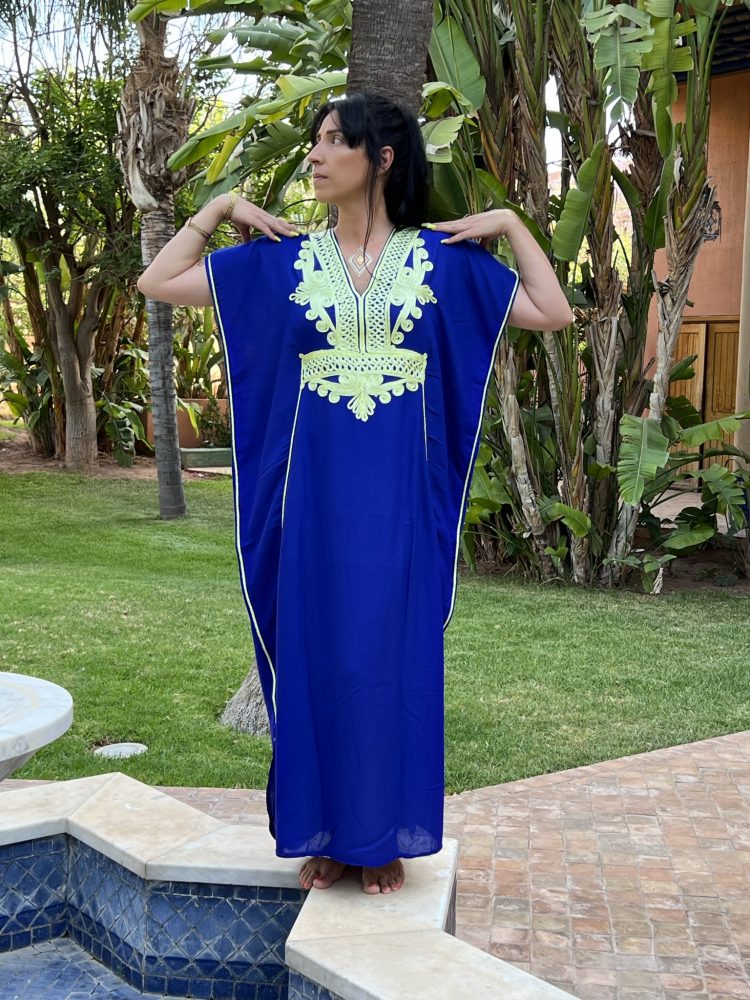 DJELLABA Gandoura Brodée Bleu Vert Neon