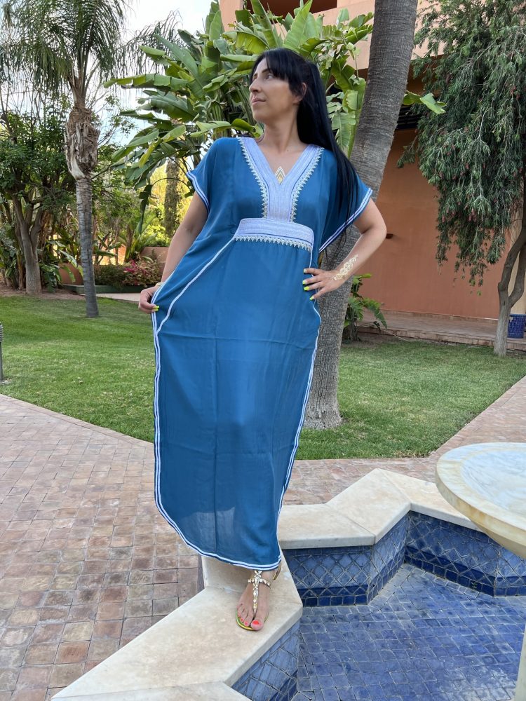 DJELLABA Gandoura Plastron Argent Bleu pétrole MARRAKECH