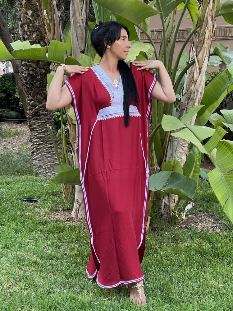 DJELLABA Gandoura Plastron Argent Bordeaux MARRAKECH