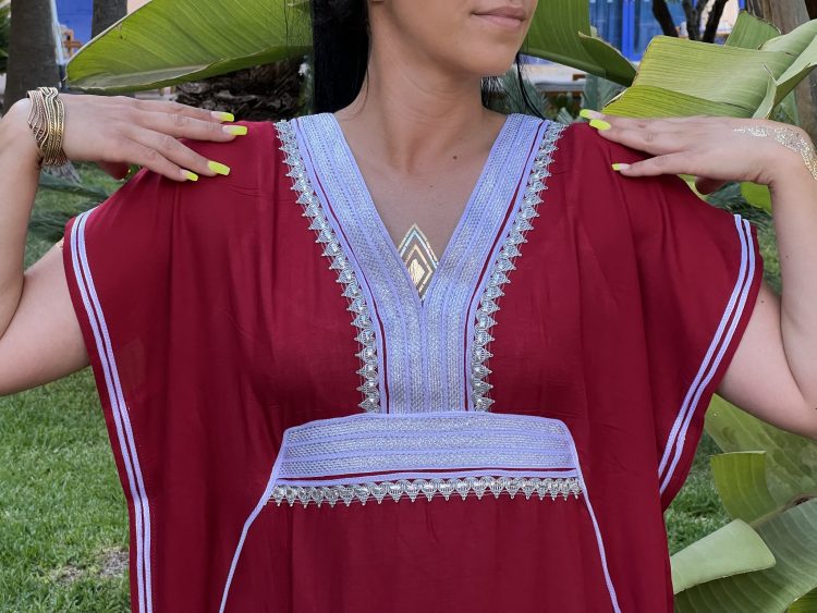 DJELLABA Gandoura Plastron Argent Bordeaux MARRAKECH – Image 3