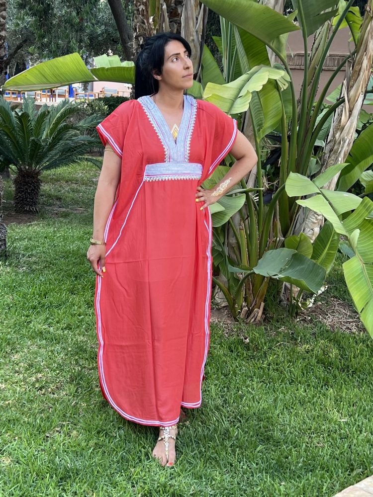 DJELLABA Gandoura Plastron Argent Corail MARRAKECH