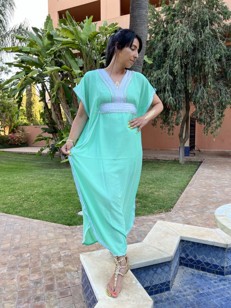 DJELLABA Gandoura Plastron Argent Pistache MARRAKECH