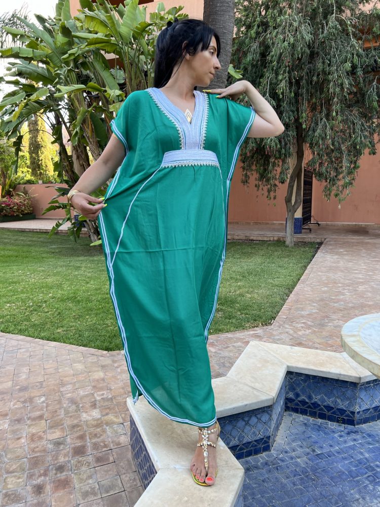 DJELLABA Gandoura Plastron Argent Vert bouteille MARRAKECH