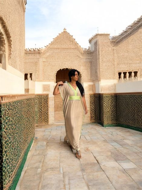 DJELLABA Gandoura Plastron Vert neon Beige MARRAKECH